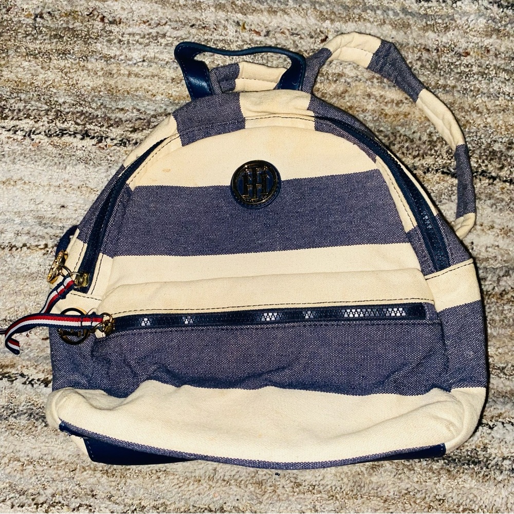 Tommy Hilfiger Navy and Cream Striped Mini Backpack with Logo